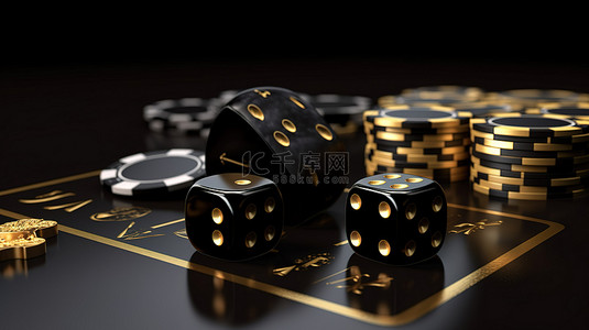镀金赌场必需品 3D 渲染筹码和纸牌与黑色骰子