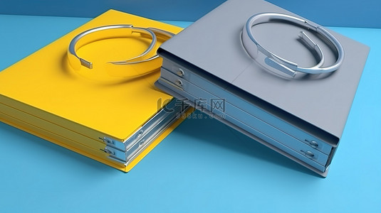 目录蓝色背景图片_黄色表面，带有 3D 渲染的蓝色和灰色活页夹