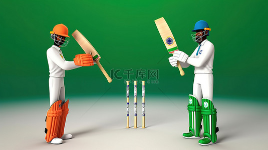 印度和巴基斯坦的 3d 板球队使用锦标赛装备和充足的复制空间进行比赛