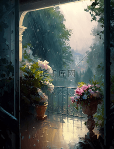 可爱栅栏背景图片_鲜花绿树阳台雨天里的阳台花园油画花卉背景