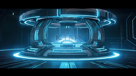 宇宙飞船舞台上未来派全息图门户讲台的 3D 渲染