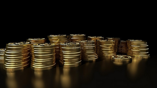 金融背景图片_大量堆积的黄金比特币 3D 渲染图像