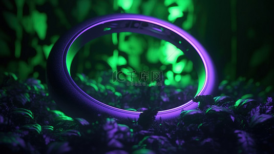美容绿色背景背景图片_金属紫色环和圆形 LED 灯照亮罗勒绿色产品场景的 3D 渲染
