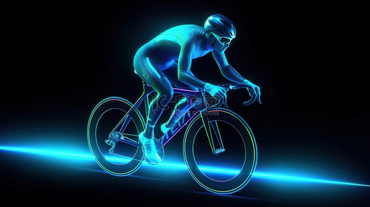 铁人三项背景图片_3D 渲染的霓虹蓝色全息图自行车手非常适合自行车比赛或比赛侧视图