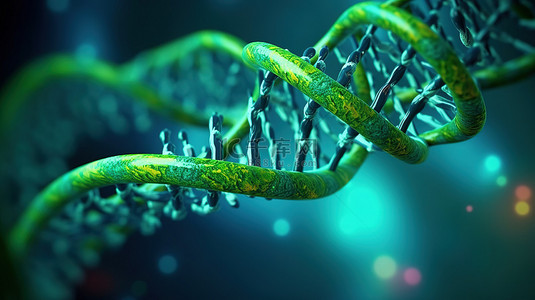 蓝色和绿色背景下 DNA 螺旋的 3D 渲染