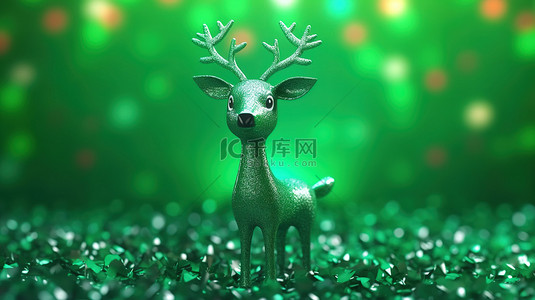 在绿色圣诞背景下的节日鹿的 3d 渲染