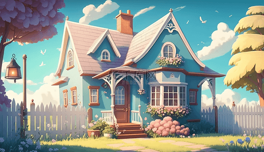 红色卡通花朵背景图片_花园栅栏花朵蓝色房子动画房子背景