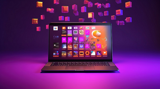 紫色背景 3D 渲染，带有笔记本电脑和 Instagram 徽标的模型
