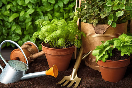 种植工具背景图片_植物种植工具和浇水桶