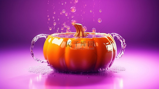 万圣节紫色背景图片_紫色大锅煮橙色南瓜万圣节盛宴 3d 插图