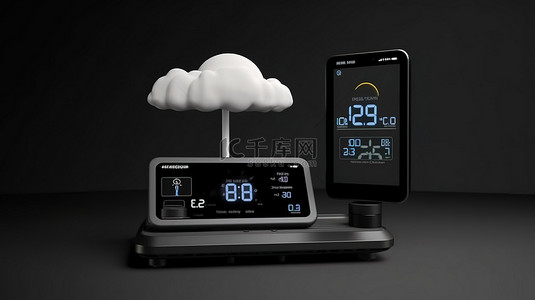 时尚的无线家庭气象站，带有黑色背景上的实时移动显示 3D 插图
