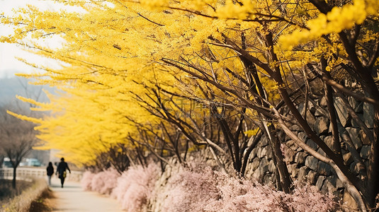 人们沿着韩国泉水黄色花朵旁的小路行走