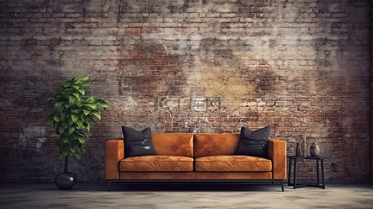 地砖墙背景图片_工业风格蹩脚内饰的 3D 渲染，配有砖墙和舒适的沙发