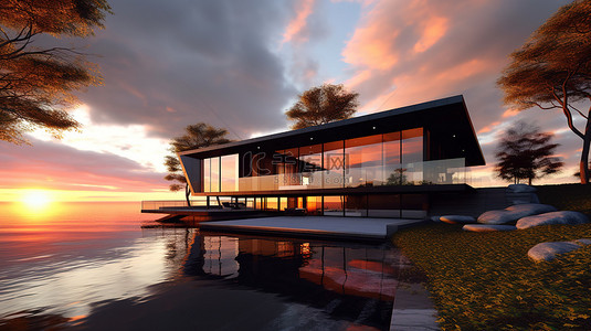 时尚的黑色住宅，采用 3D 设计，可欣赏令人惊叹的日落湖景