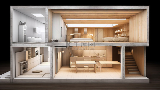 公寓 3D 横截面下方的木质表面
