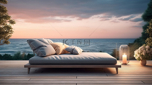 露背景图片_木制露台上的暮光海景 3D 渲染沙发床