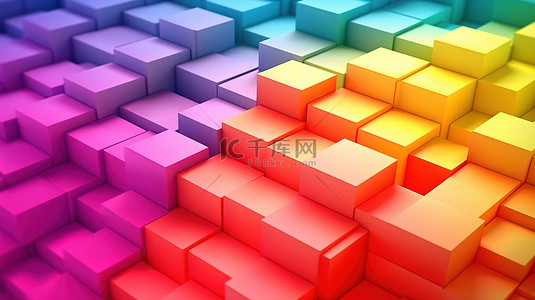 颜色鲜艳的图形背景图片_以渐变颜色堆叠的立方体的 3D 渲染