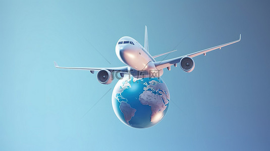 一架飞机在全球翱翔的 3D 插图，象征着旅行和冒险