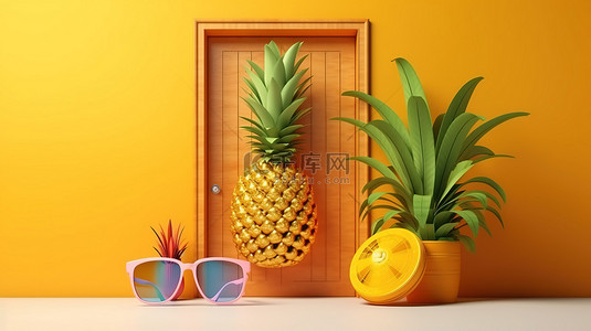 旅游横幅背景图片_戴着太阳镜的菠萝和代表夏季的敞开的门的 3D 插图