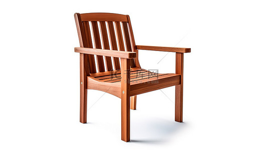 白色背景户外家具上带有剪切路径的木椅，用于花园空间 3D 渲染图像