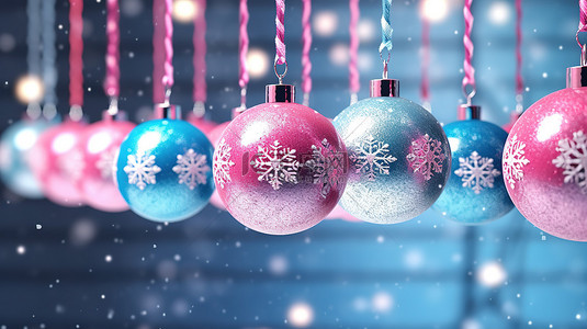 圣诞树雪花装饰背景图片_3D 渲染的串雪花装饰着粉色和蓝色圣诞饰品