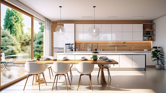 现代厨房和餐厅空间，配有令人惊叹的窗户设计 3D 渲染