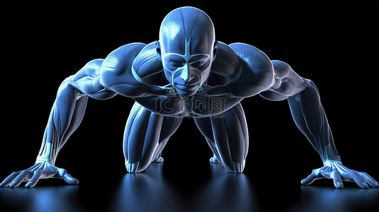 蓝色解剖模型的数字描绘展示了可见肌肉群的俯卧撑运动