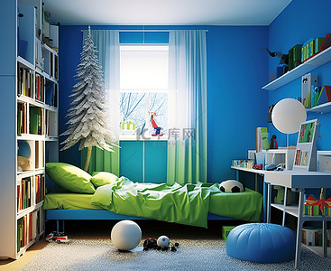 蓝色和绿色的儿童卧室装饰有床书架和冰箱