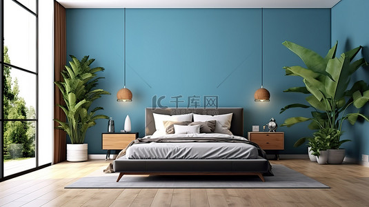 蓝色酒店背景图片_模拟框架位于现代卧室的木地板上，毗邻床和郁郁葱葱的植物，配有蓝色墙壁视觉渲染
