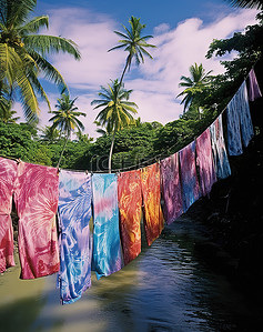 衣物背景图片_在有棕榈树的泻湖中晾晒扎染衣物