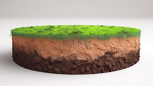 白色背景下 3D 渲染中的绿草圆形土壤地面横截面