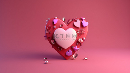 心形泡泡背景图片_粉红色背景上的在线社交传播概念红心图标，带 3D 渲染和插图