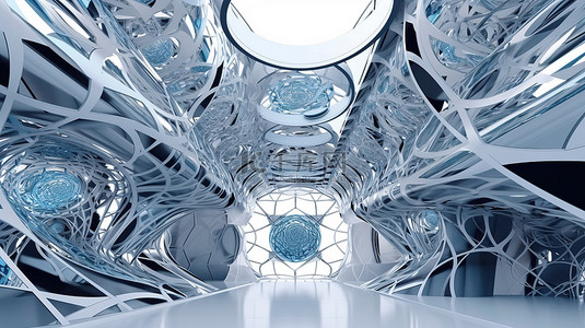 未来技术设计极简主义银色和蓝色抽象建筑的 3d 渲染