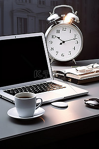 咖啡纸背景图片_桌上放着笔记本电脑显示器咖啡纸和闹钟