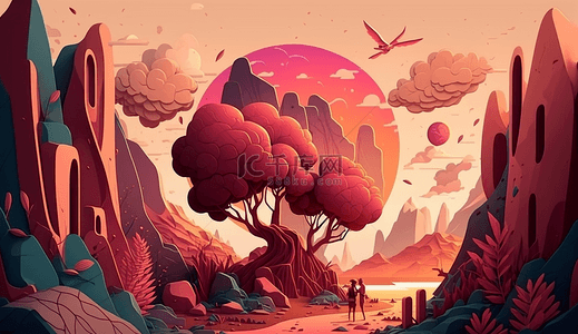 沙漠植物卡通背景图片_大树仙人掌沙漠植物飞鸟自然背景游戏旅游背景