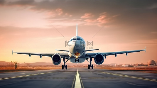 航空公司背景图片_飞机在跑道上起飞或降落的壮观 3D 渲染