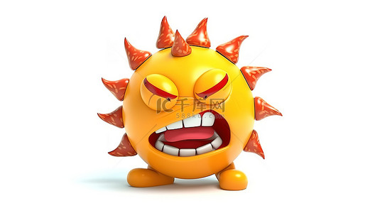 太阳的 3D 卡通人物，具有侵略性的表情，充当表情符号，并隔离在白色背景上