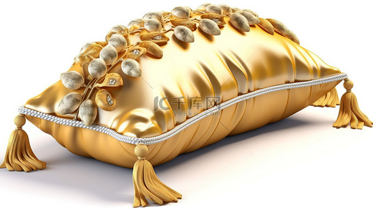 白色背景展示了装饰着金色流苏的豪华丝绸枕头的 3D 图像