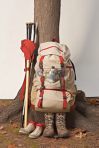 背包画册背景图片_带有靴子和斧头的远足包
