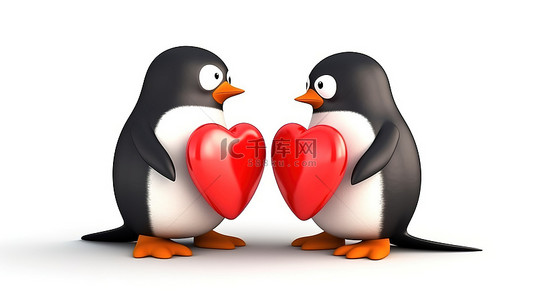 浪漫情背景图片_白色背景上的浪漫企鹅 3D 插图