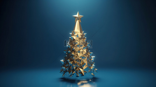 蓝色工作室背景，顶部有金色圣诞树和星星 3D 渲染