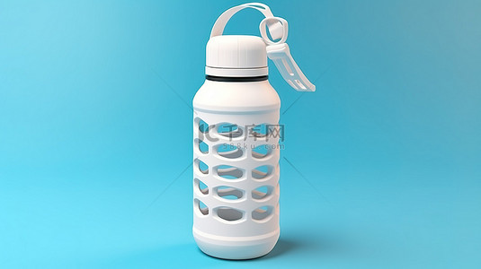 蓝色背景突出了时尚白色塑料运动水瓶的 3D 渲染