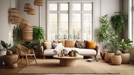斯堪的纳维亚波西米亚风格客厅的 3D 渲染，配有丰富的家具和装饰着植物花瓶的桌子
