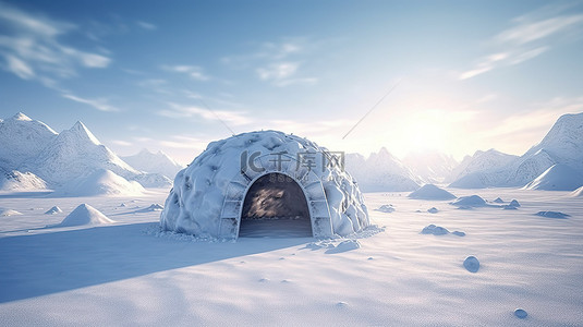 冰冷雪山背景图片_北极地区雪山景观中冰屋的 3D 渲染