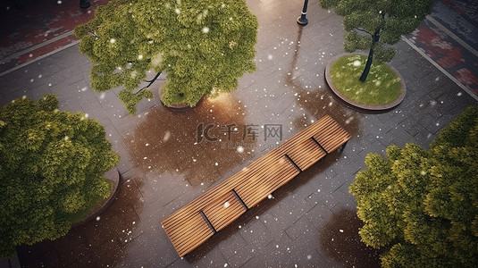 公园的雨天木凳和石头路面的 3D 视图