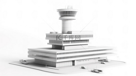 白色背景下粘土风格白色机场空中交通管制塔楼的 3D 渲染