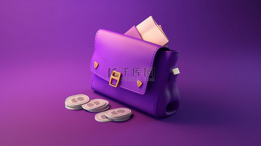 紫色图标背景图片_紫色背景的 3D 渲染插图，包括带信用卡和钞票图标的钱包钱袋