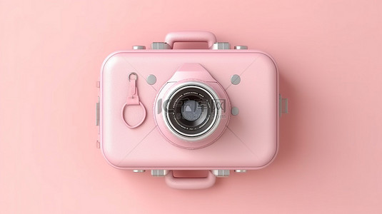 粉色柔和背景的 3D 渲染，手提箱顶部配有旅行必需品相机和橡胶圈