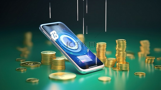 网上银行背景图片_用于网上银行和账单支付的智能手机应用程序 3D 渲染与浮动硬币