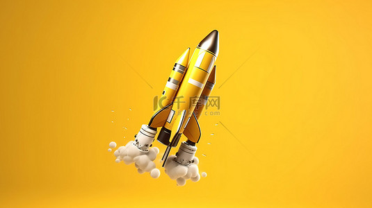 火箭模型在充满活力的黄色背景下爆炸的 3D 渲染